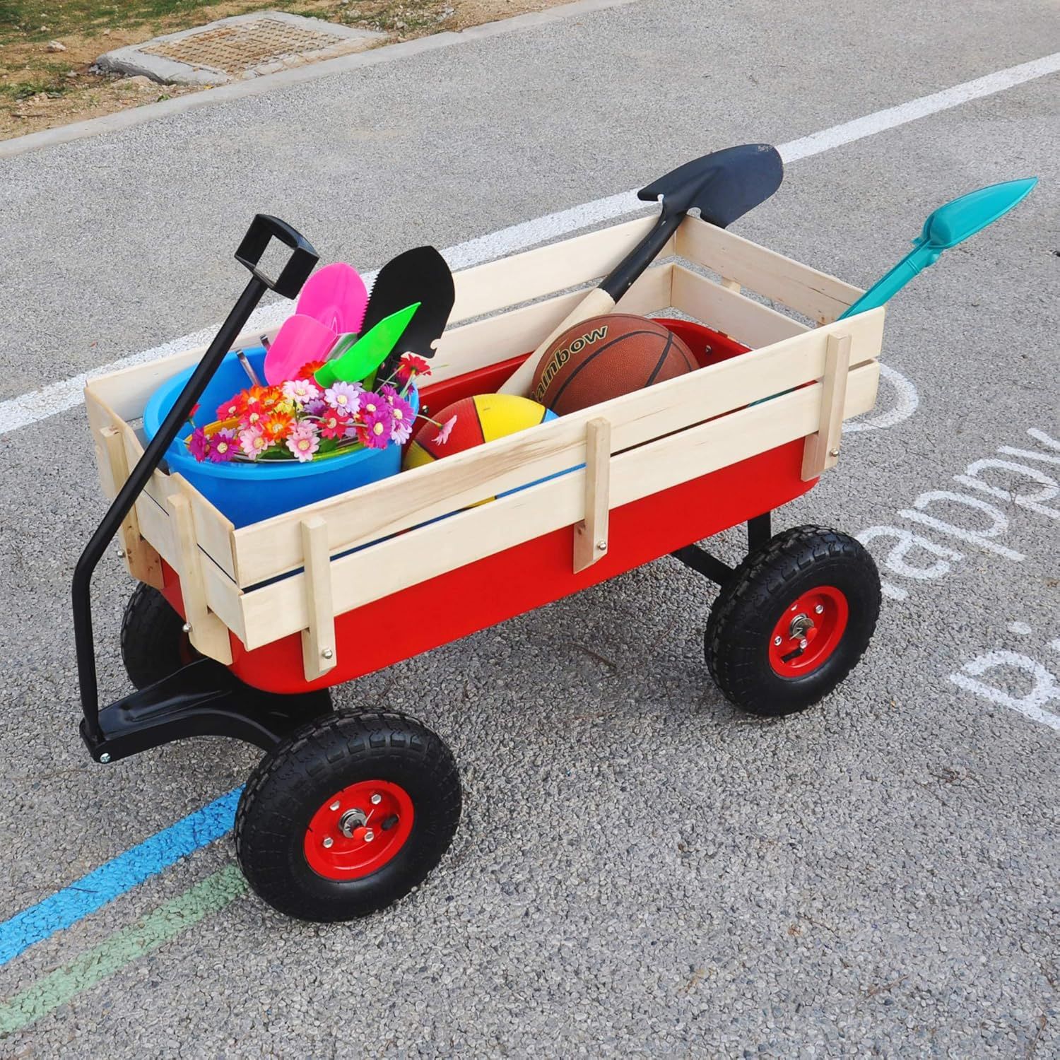 Red Iron Frame Outdoor Wagon with Wooden Panels