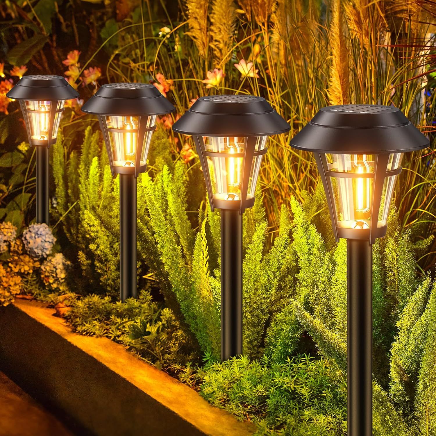 Black Solar LED Pathway Lights with Warm White Glow, 10-Pack