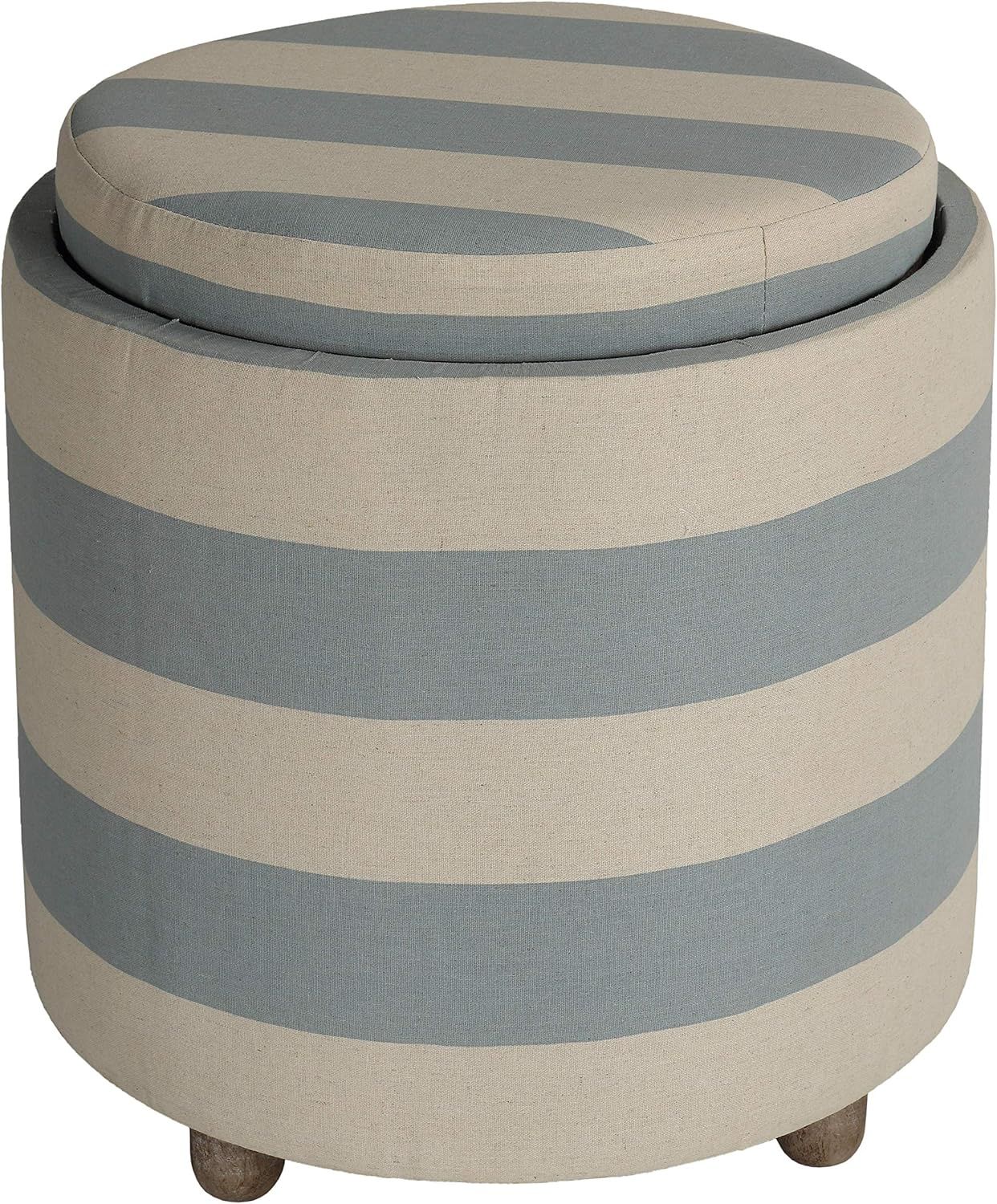 Cape Cod Blue and Ivory Striped Round Storage Ottoman with Tray