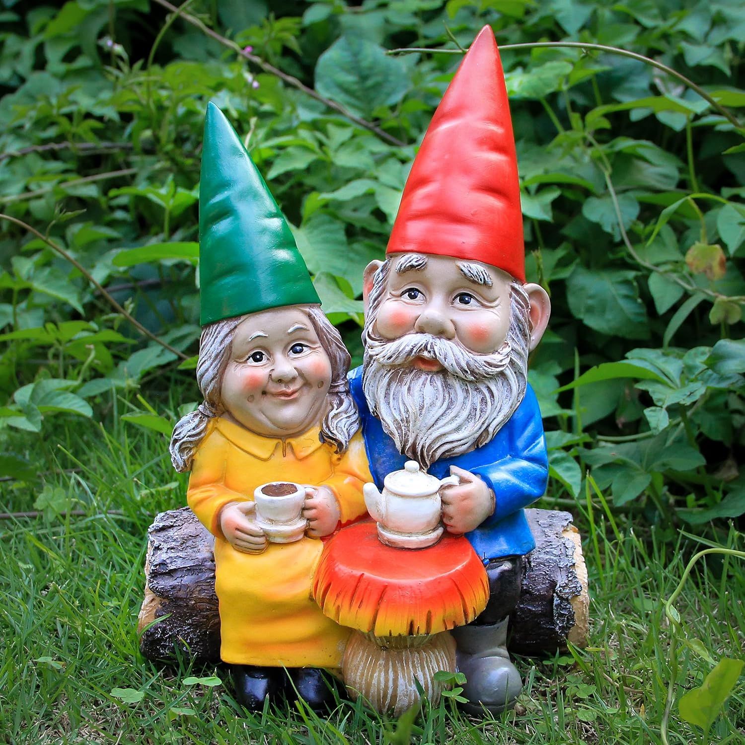 Colorful Resin Couple Gnomes on Log with Mushroom Table