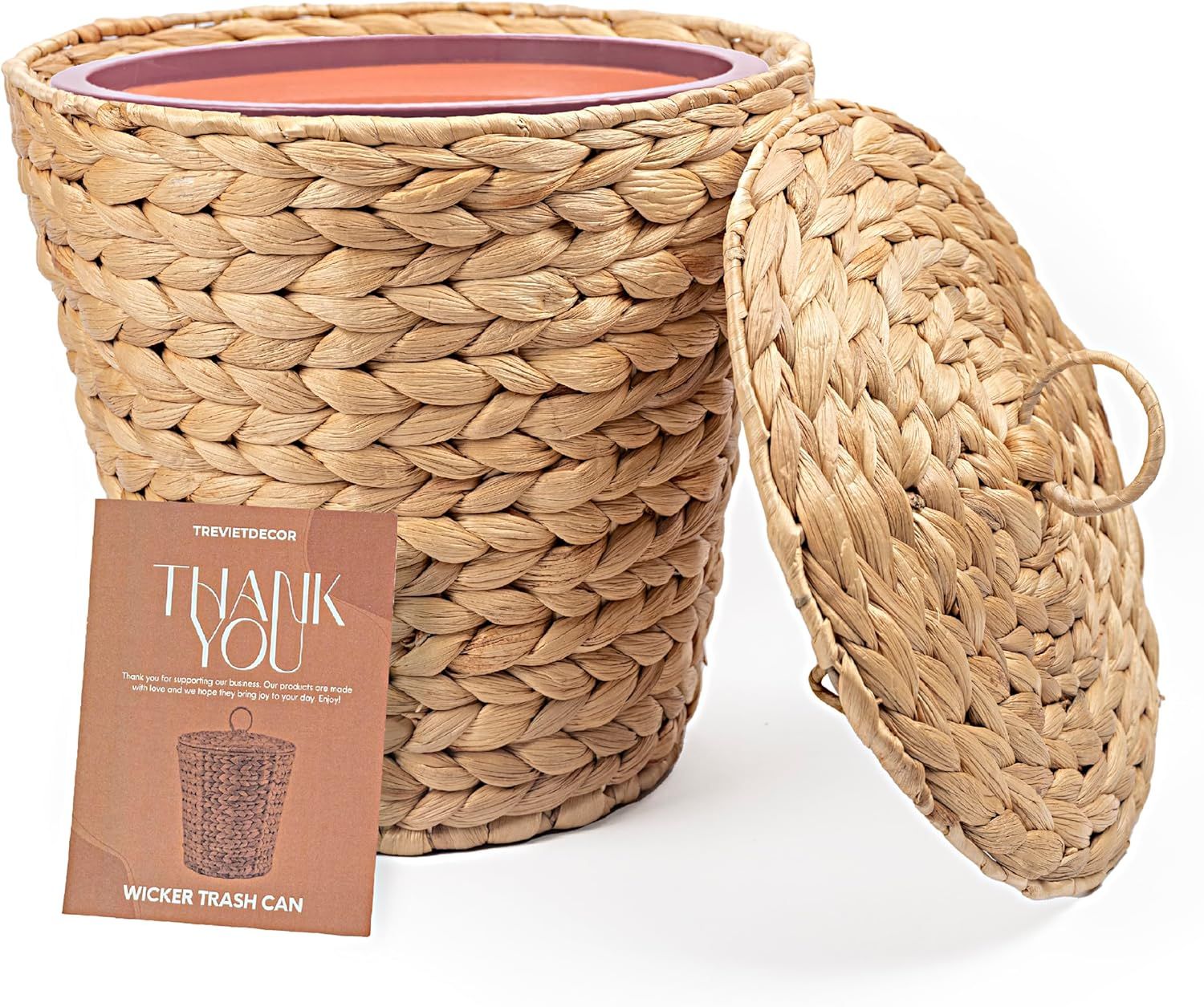 Medium Natural Wicker Round Trash Can with Lid