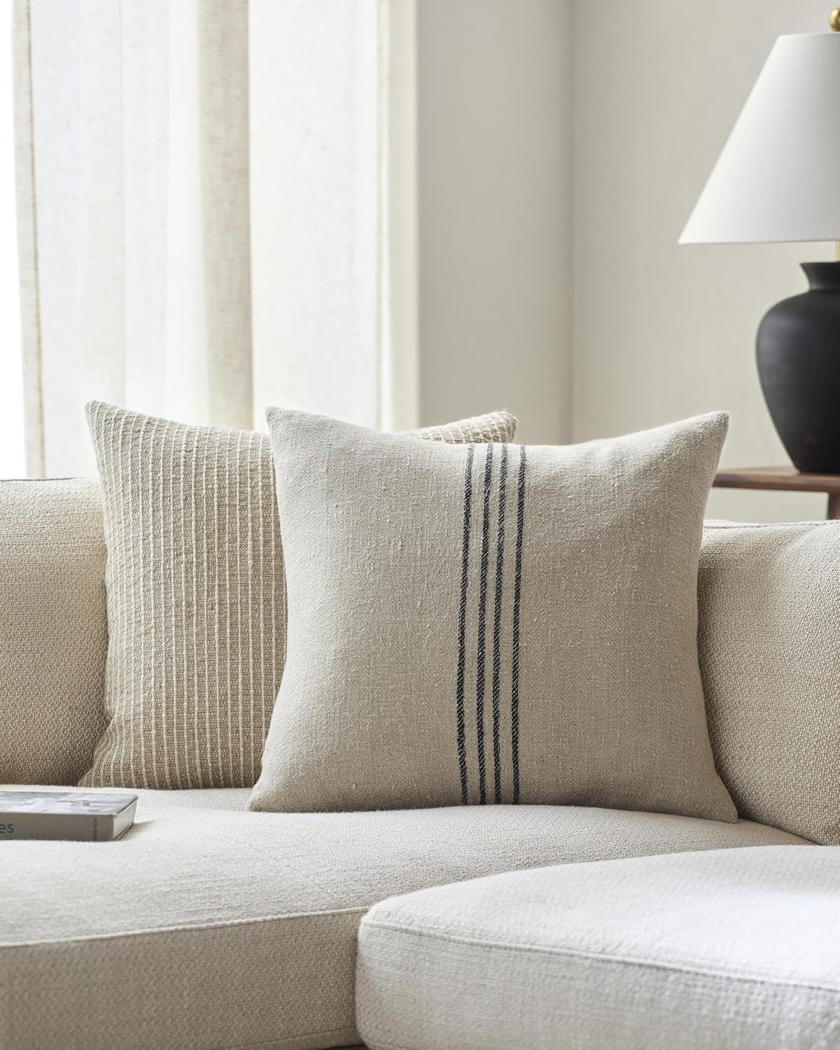 Brett Light Brown and Black Striped 18" Linen Cotton Throw Pillow