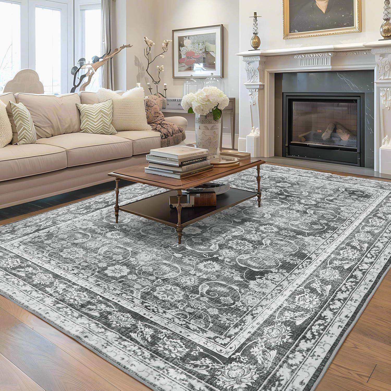 Gray and White Vintage Oriental Chenille Area Rug 5' x 7'