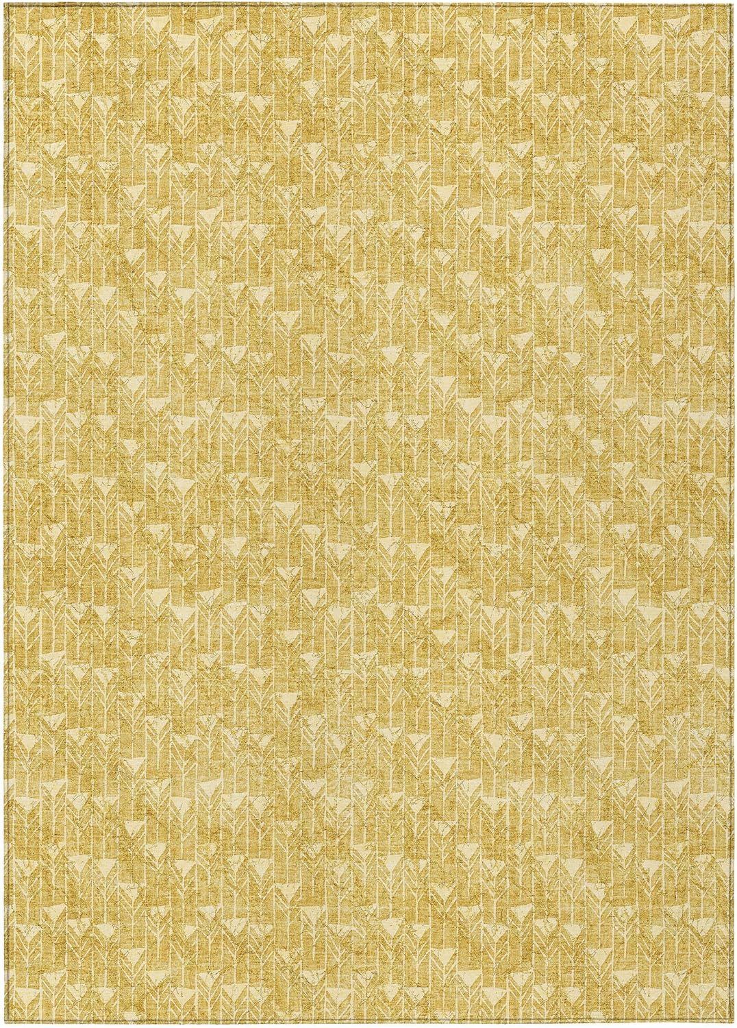 Gold Geometric Pattern Machine Washable Indoor Outdoor Rug