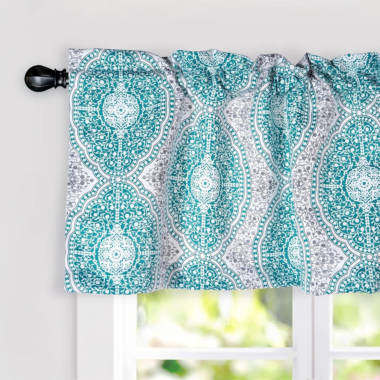 Adrianne Teal Blue Damask Floral Rod Pocket Valance