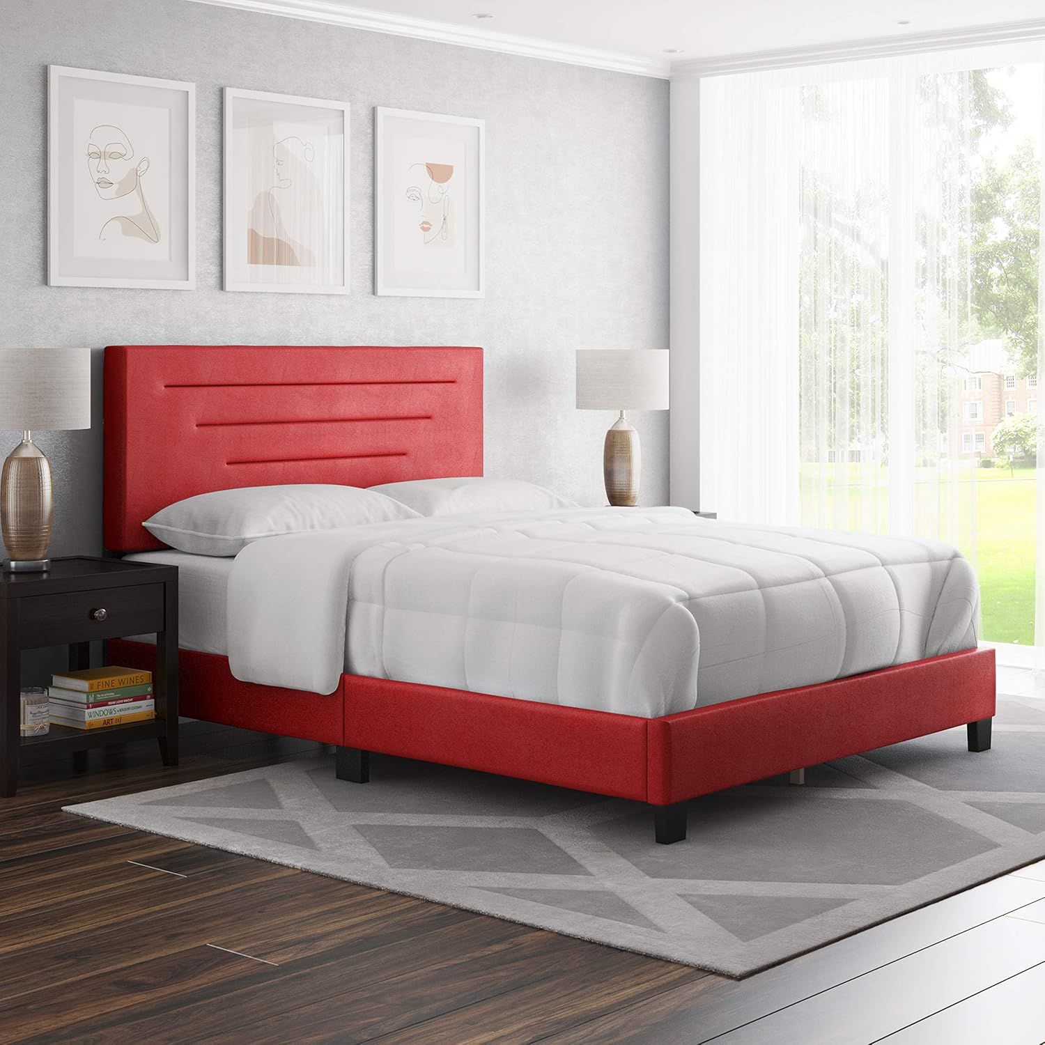 Luxembourg Red Faux Leather Queen Platform Bed with Upholstered Headboard