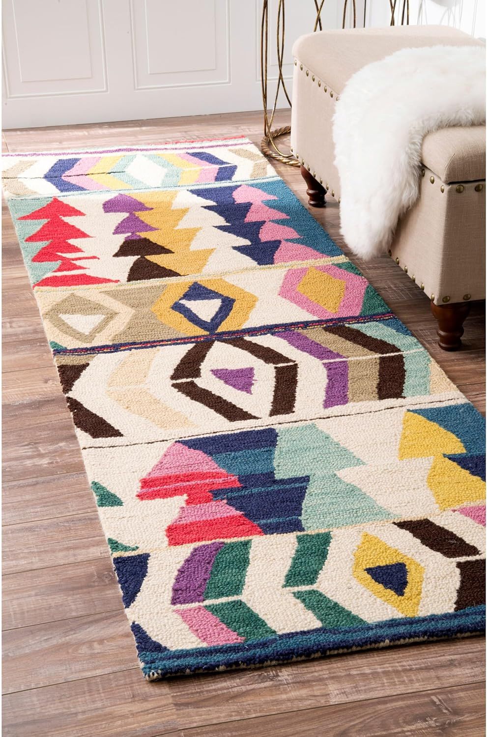 Multicolor Geometric Wool Hand-Tufted Runner Rug, 2'6" x 8'