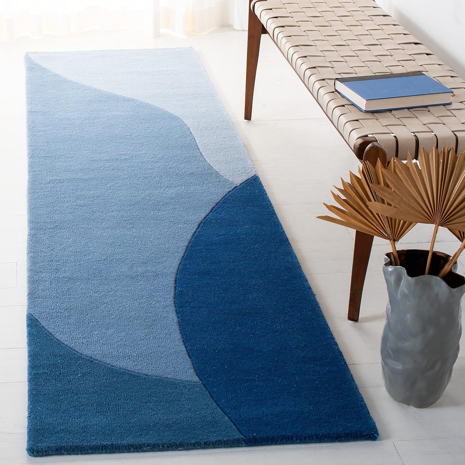 Handmade Mid-Century Modern Abstract Blue Wool Runner Rug - 2'3" x 10'