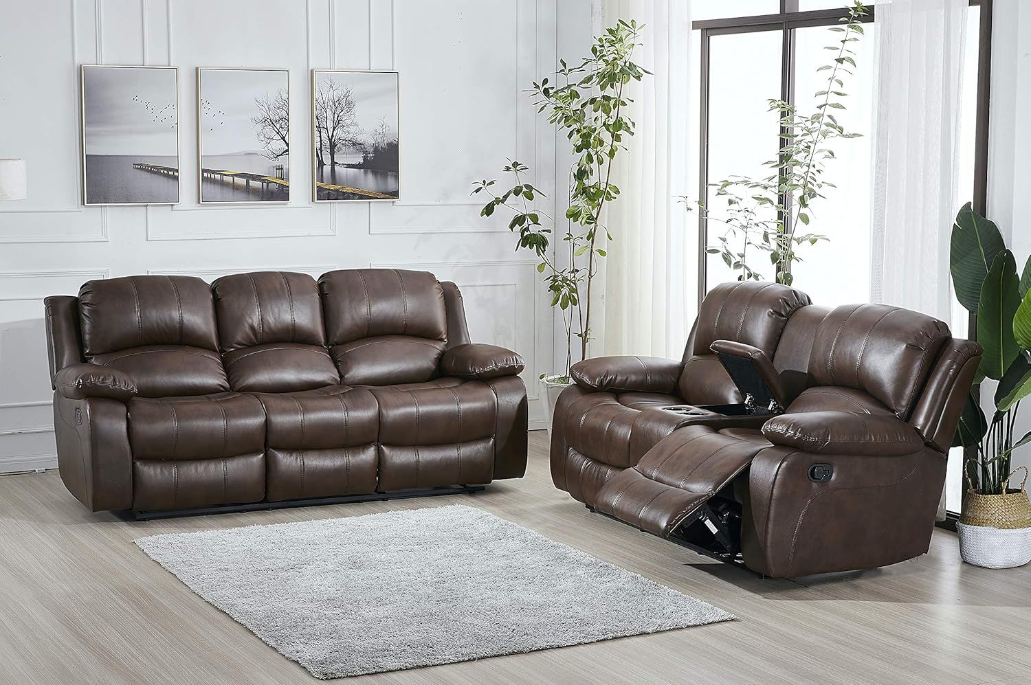 Brown Bonded Leather Reclining Sofa and Loveseat Set