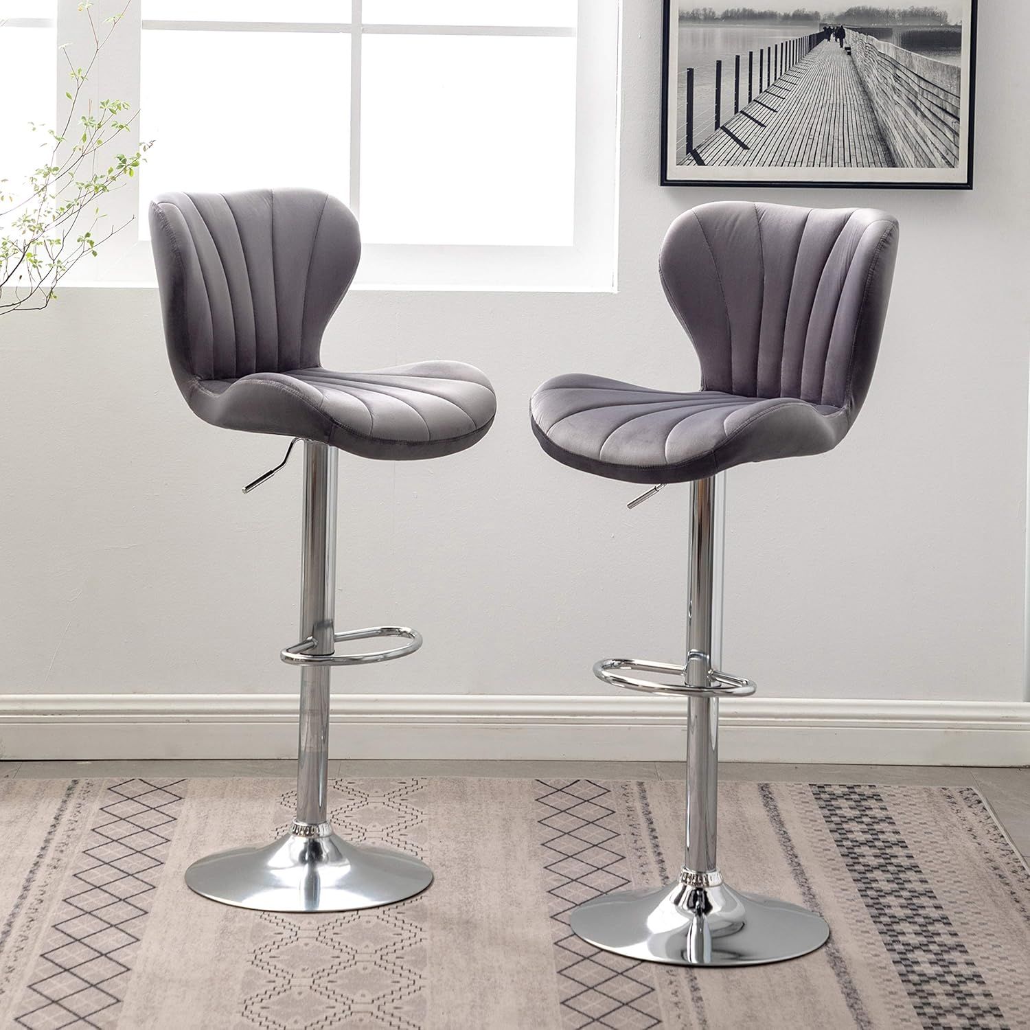 Gray Velvet Adjustable Swivel Barstools with Chrome Base, Set of 2