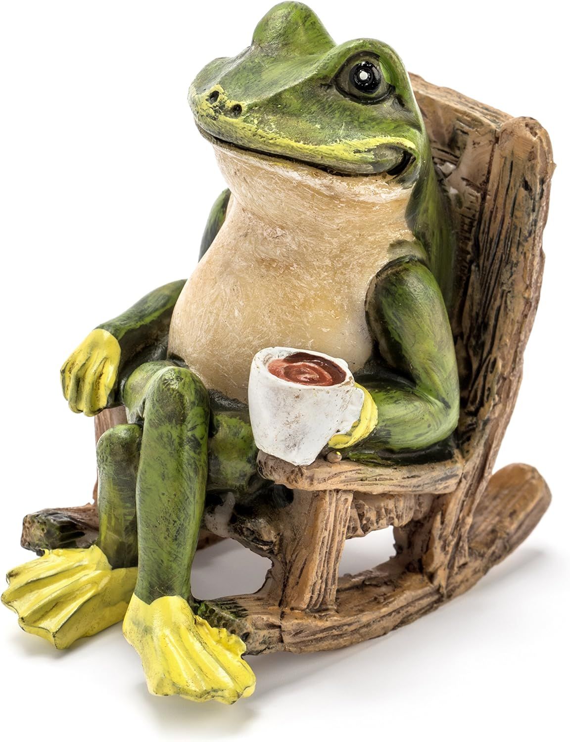 Miniature Green Frog Garden Statue with Coffee Cup