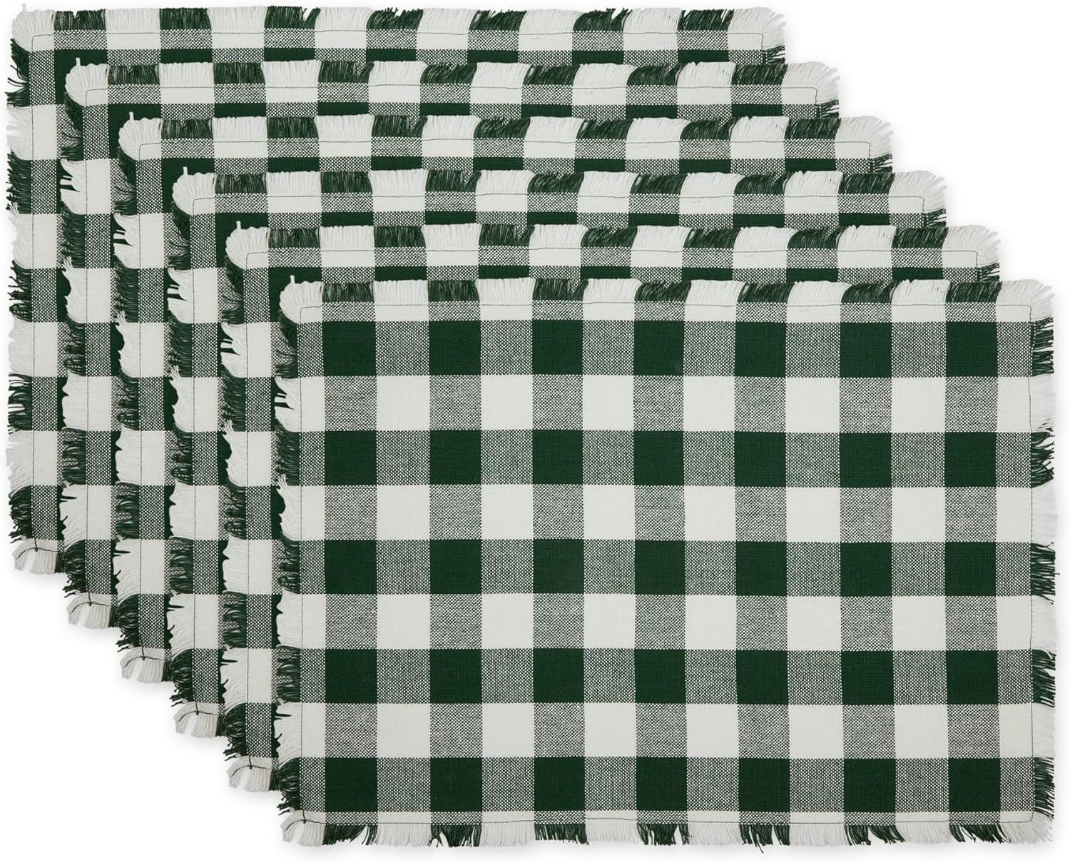 Hunter Green and White Cotton Checkered Fringed Placemats, Set of 6