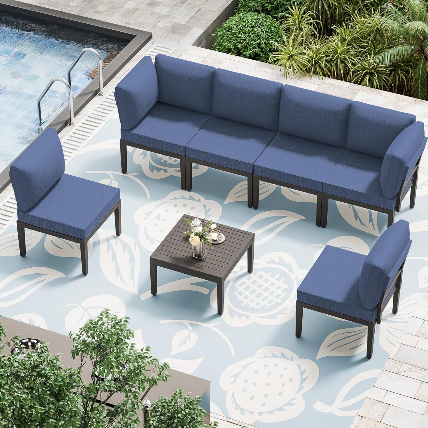 Navy Blue 7-Piece Metal Outdoor Sectional Sofa Set with Cushions