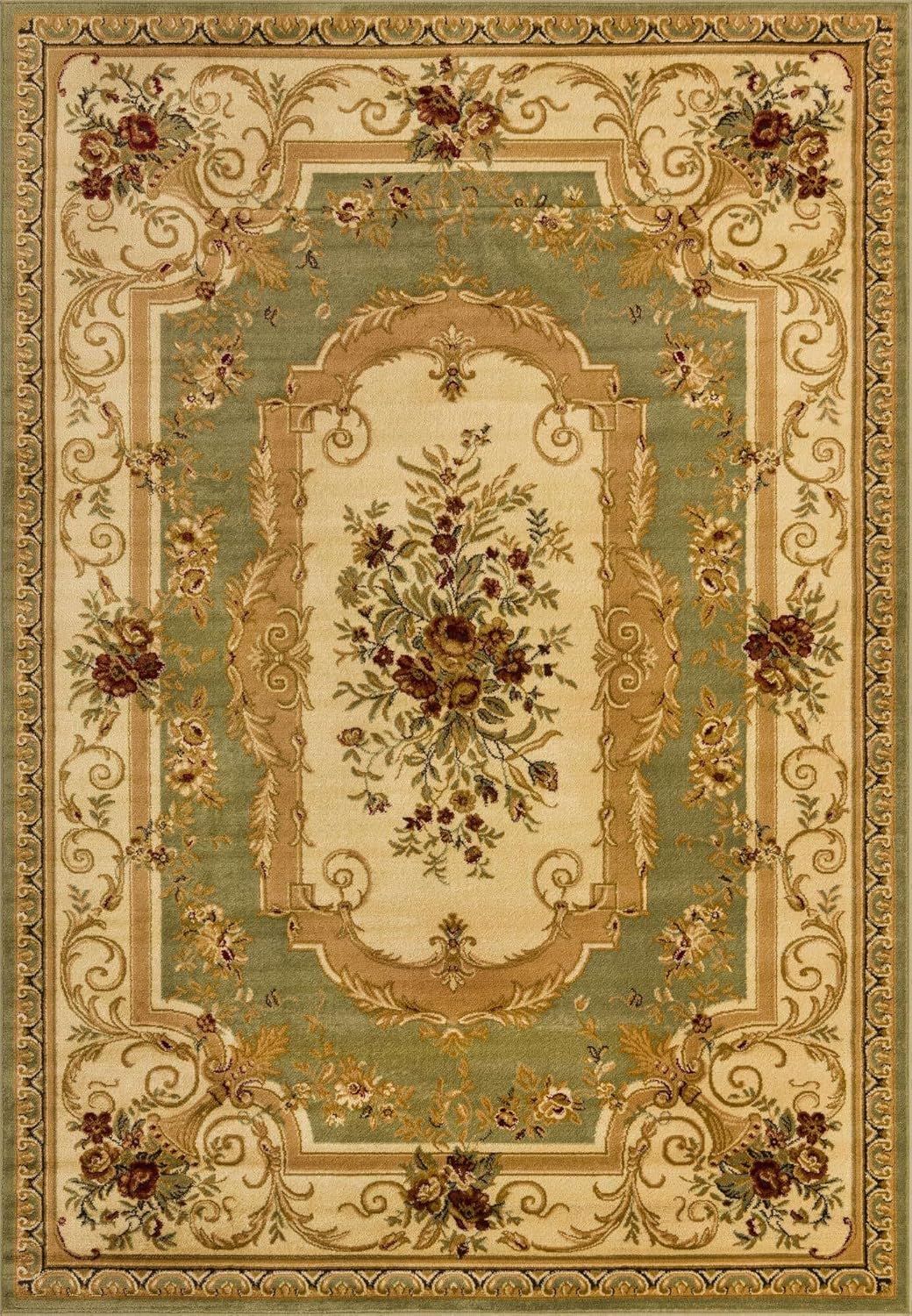 Green and Ivory Floral Synthetic Rectangular Area Rug