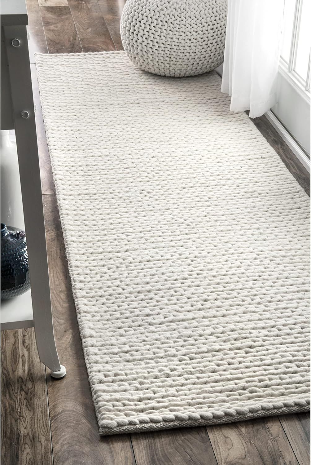 Off-White Braided Wool Handmade Area Rug, 2.5x10 ft