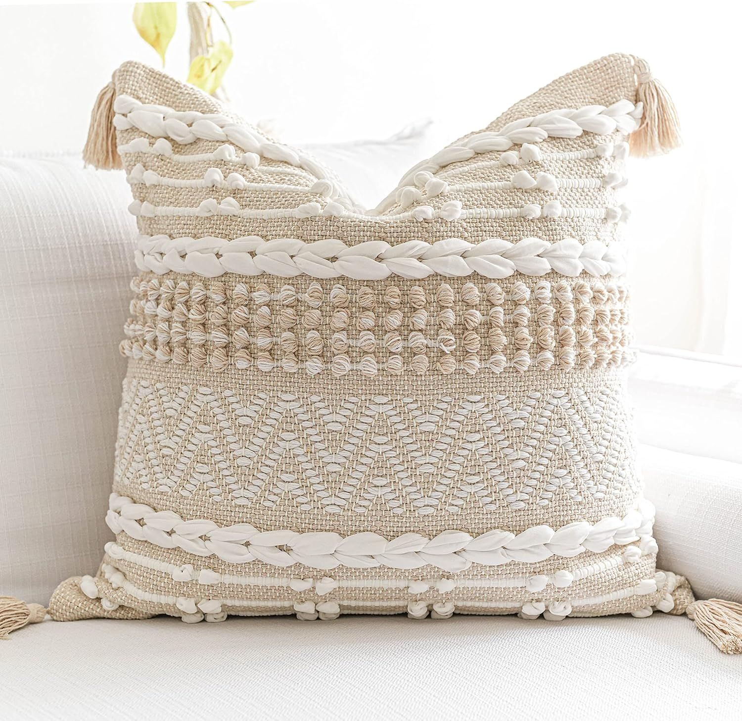 Boho Cream and Beige Woven Square Pillow Cover 22x22