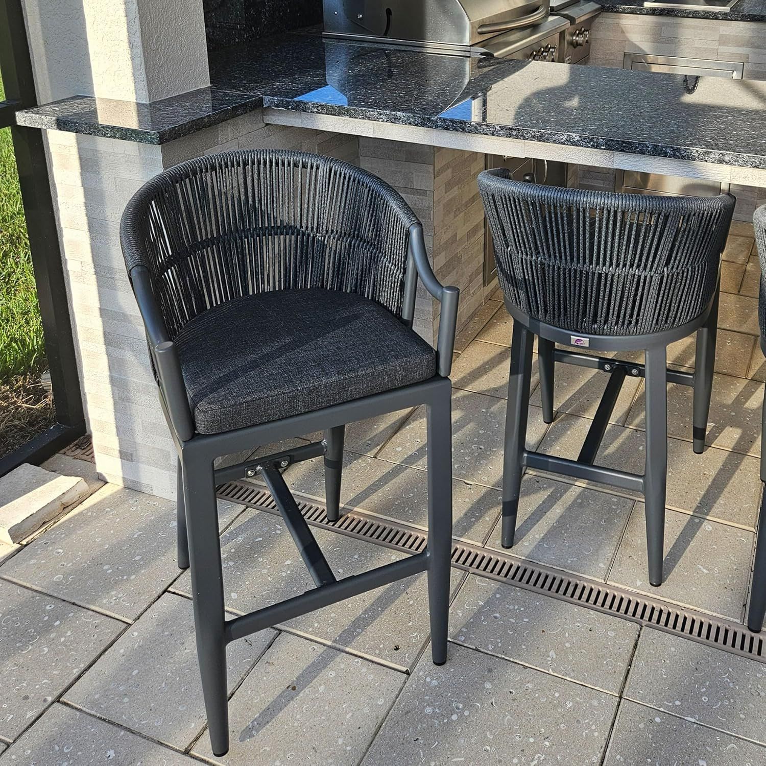 Gray Aluminum and Wicker Outdoor Bar Stools with Cushions