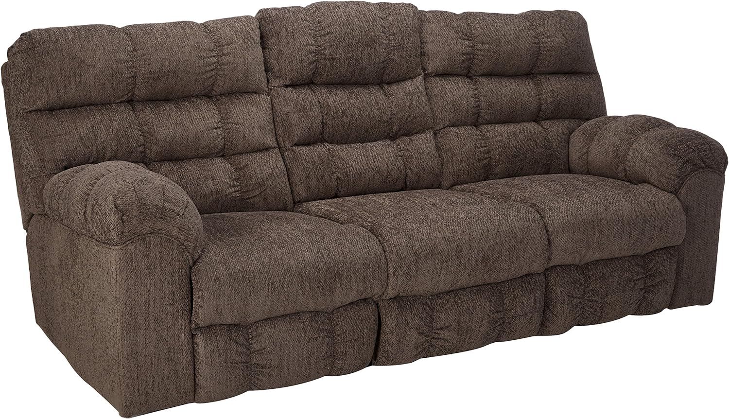 Slate Tufted Fabric Reclining Sofa with Storage and Cup Holders