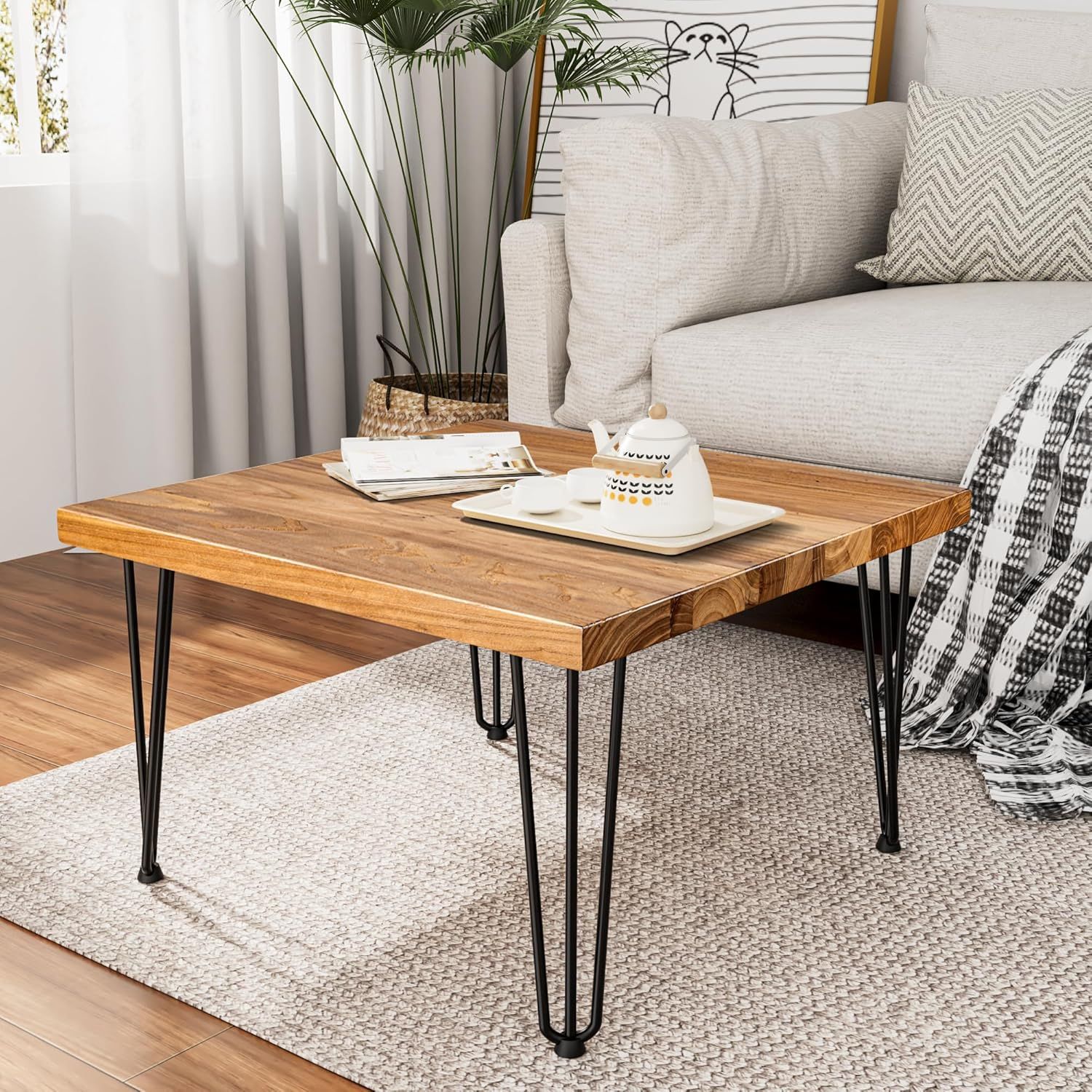 Rustic Elm Wood Square Coffee Table with Metal Hairpin Legs