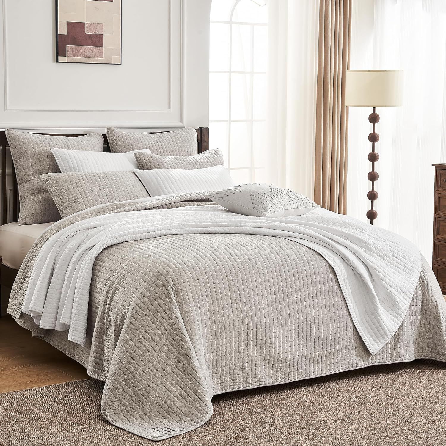 Light Taupe Cotton Reversible Full Quilt Set