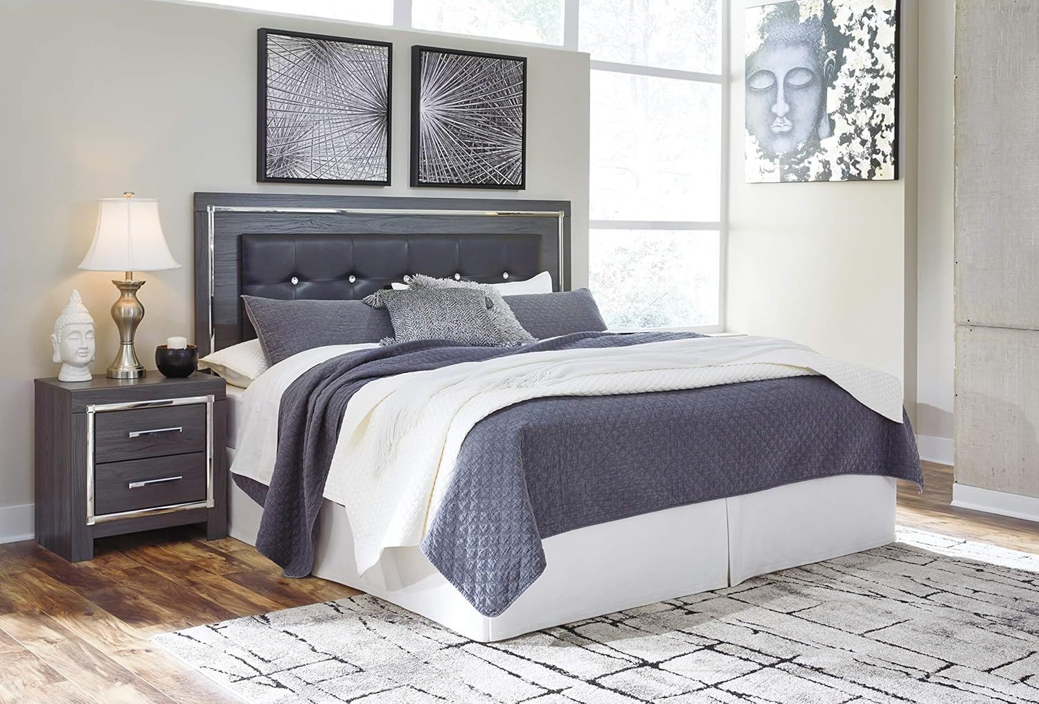 Glam Gray Tufted Faux Leather King Headboard with LED Lights