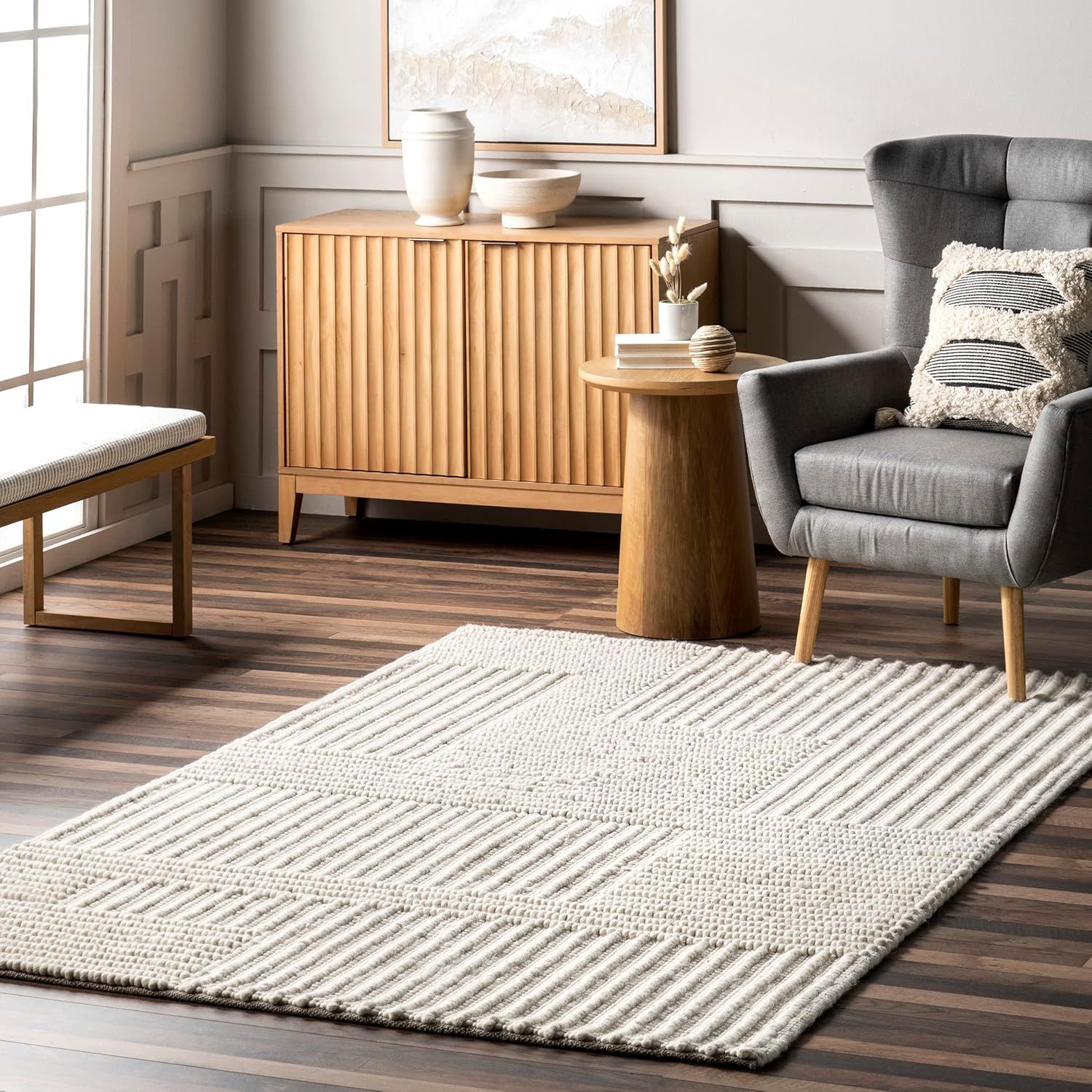 Ivory High-Low Striped Wool and Cotton Rug, 3x5