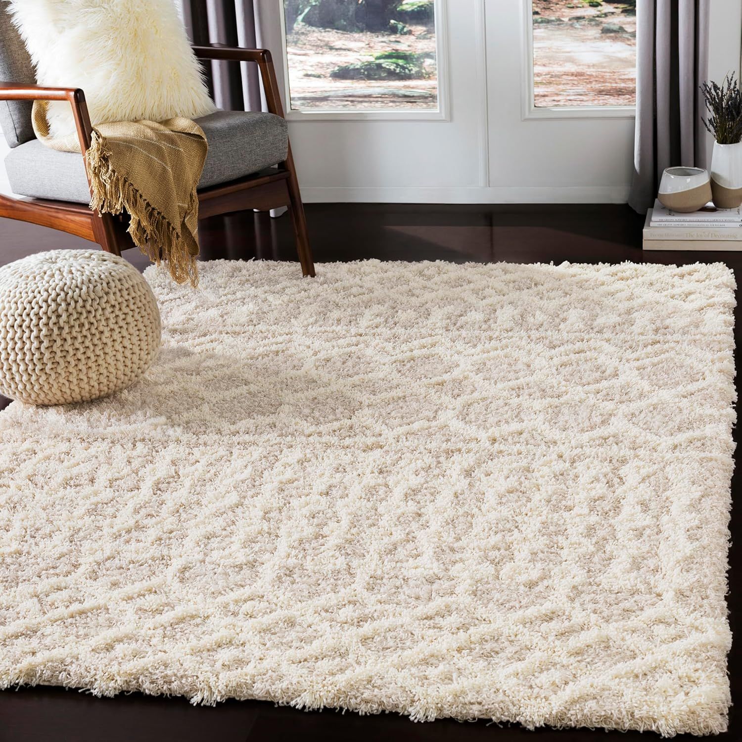 Ivory Rectangular Reversible Shag Rug, 5'3" x 7'3"