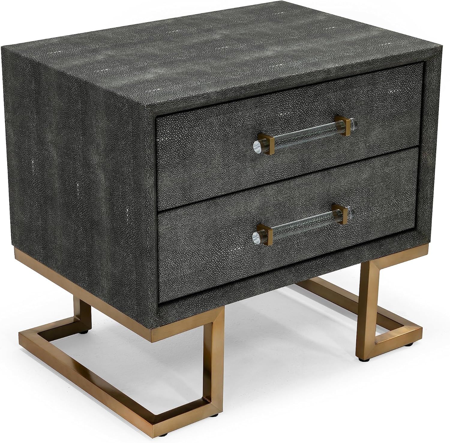 Grey Shagreen Leatherette Nightstand with Gold Legs and 2 Drawers