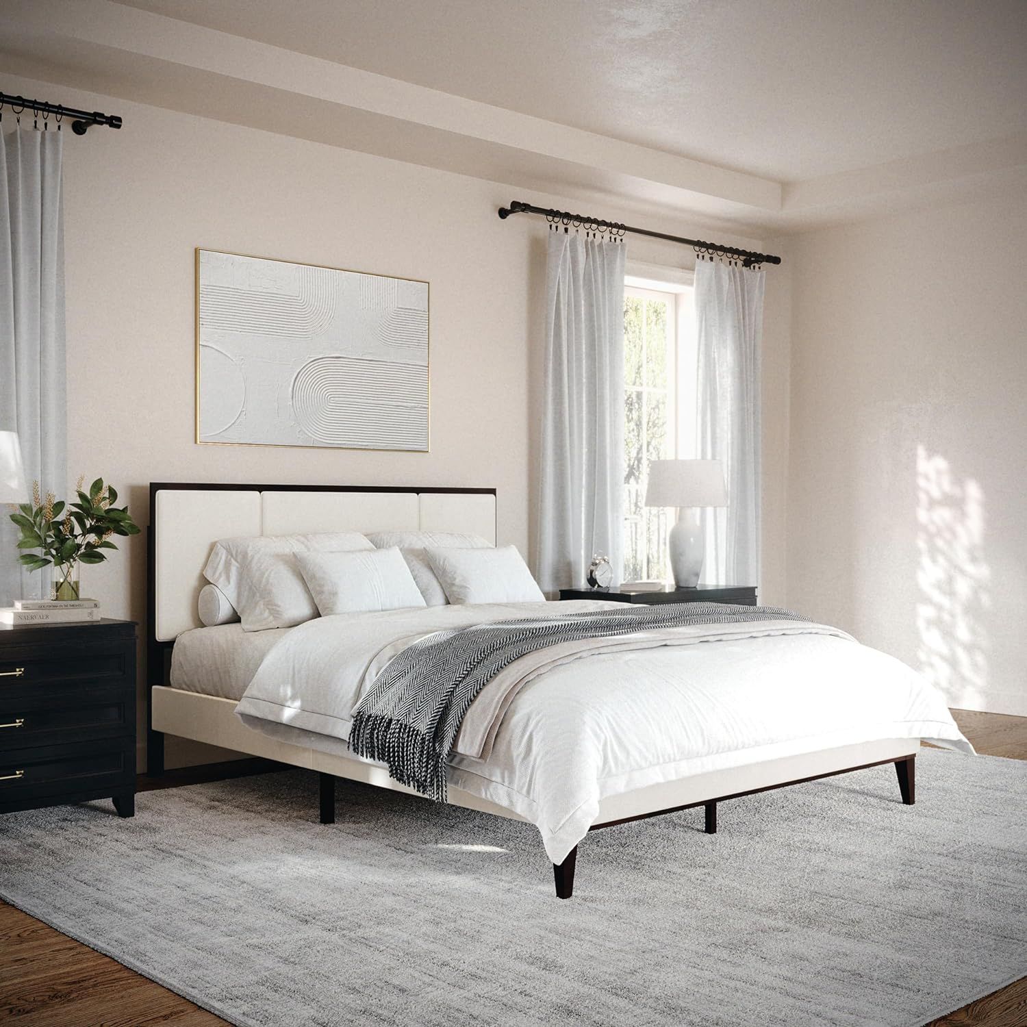 Queen Dark Brown and Beige Upholstered Wood Platform Bed