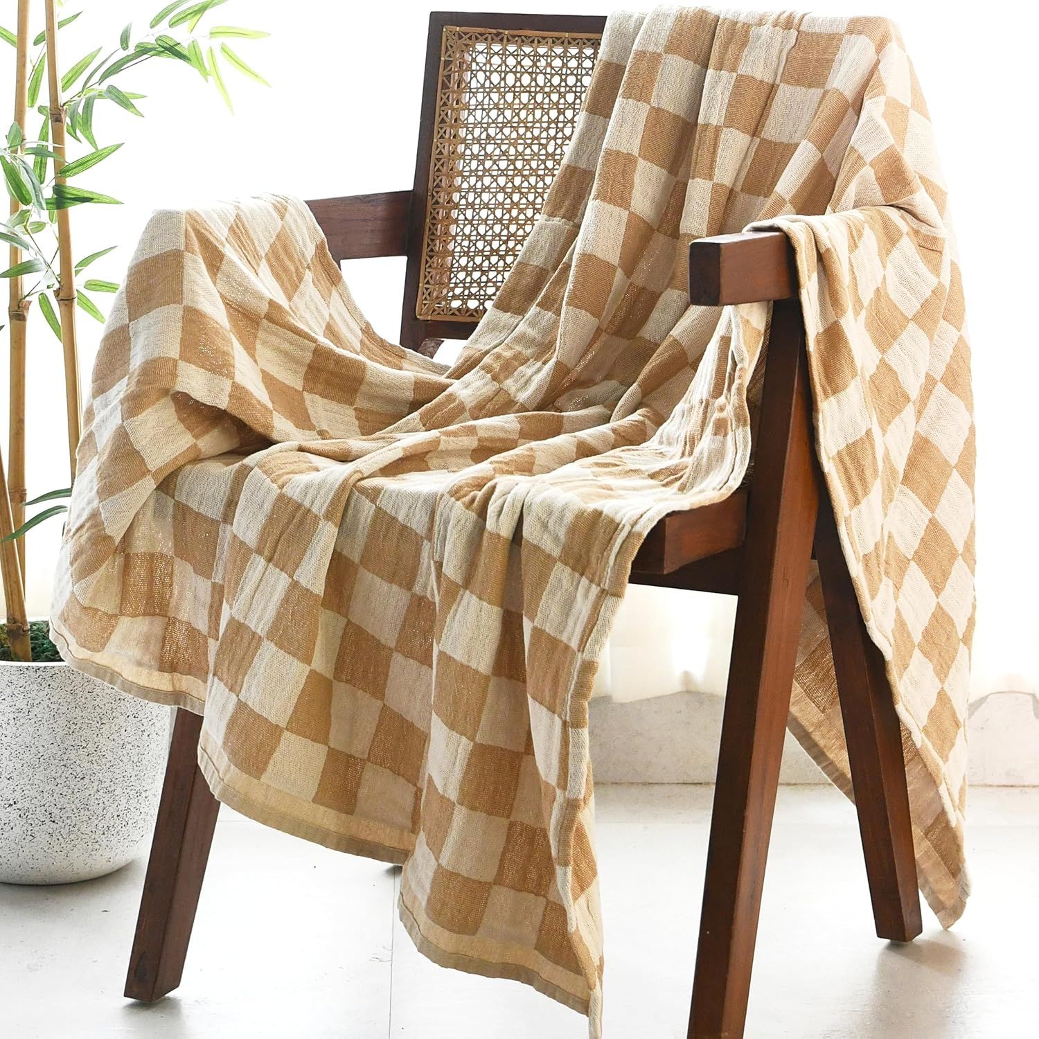 Cream and Beige Checkered Cotton Throw Blanket 50" x 60"