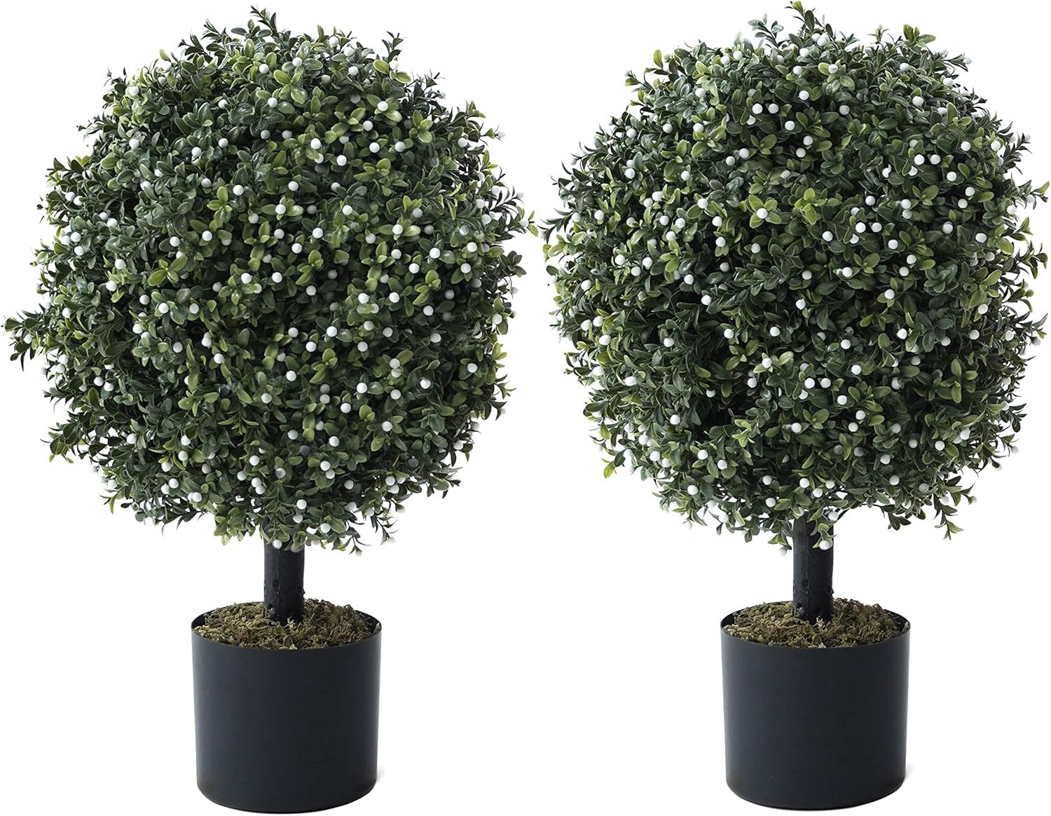 2-Foot Artificial Boxwood Topiary Ball Tree with White Flowers in Black Plastic Pot