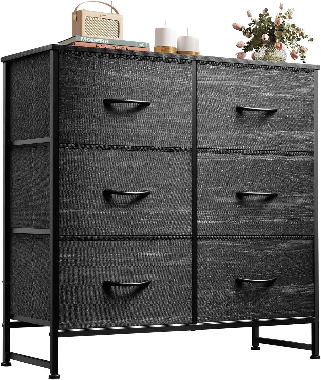 Black Double Industrial Dresser with Dark Wood and Fabric Drawers