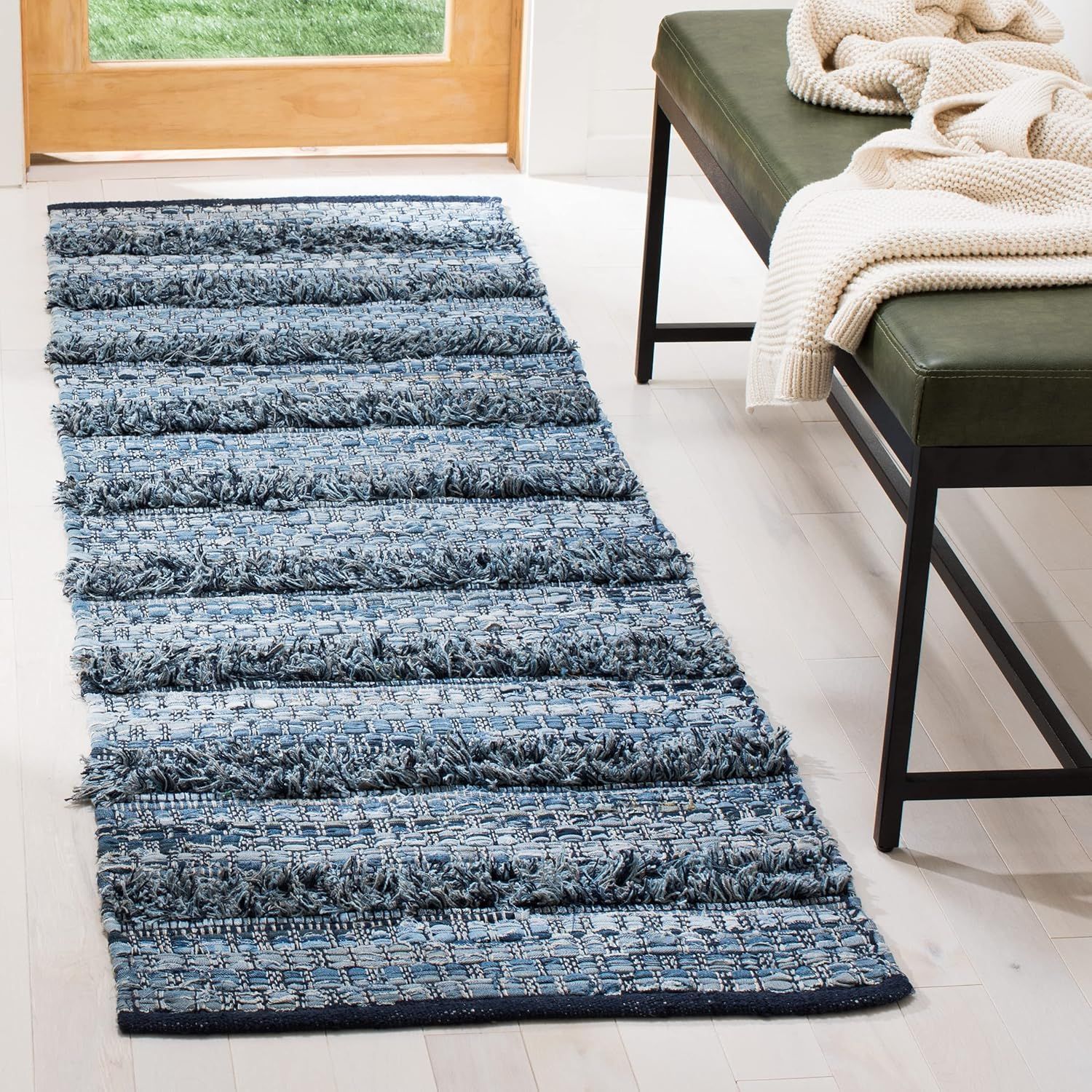 Handmade Blue Cotton and Synthetic Flat Woven Rug 8' x 10'