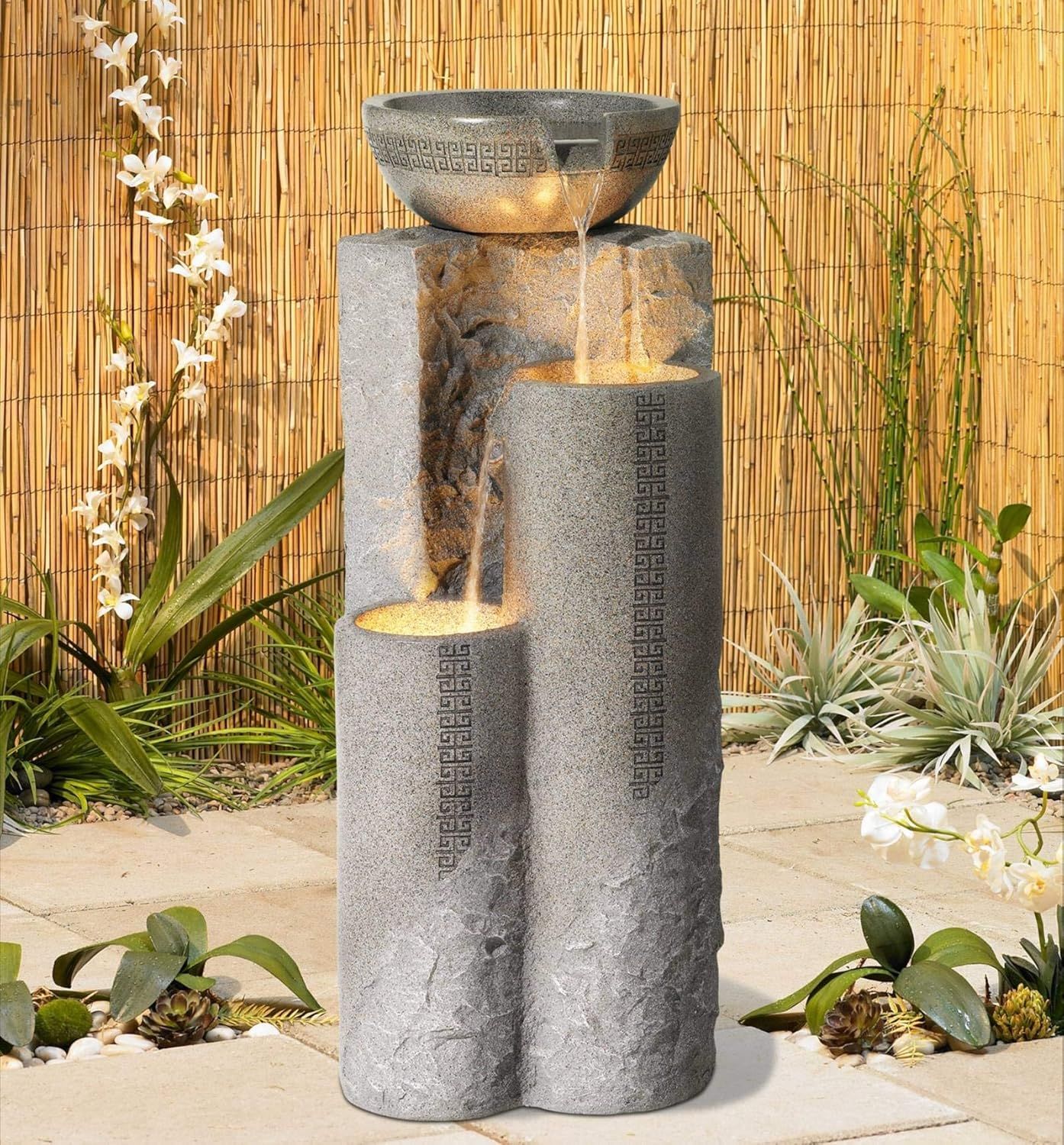 Gray Faux Marble Zen Outdoor Floor Fountain with LED Lights