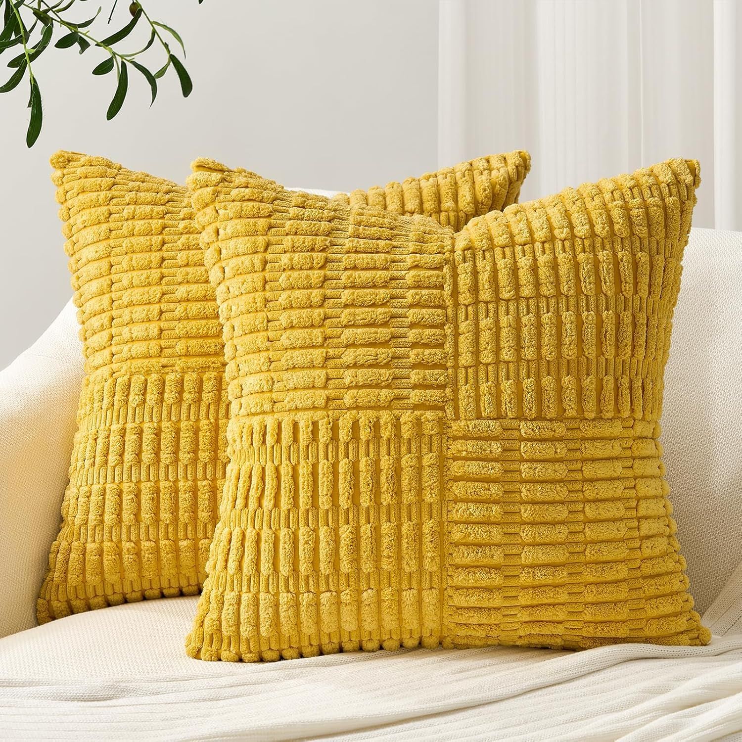 Mustard Yellow Corduroy Decorative Throw Pillow Covers 18x18 Inch