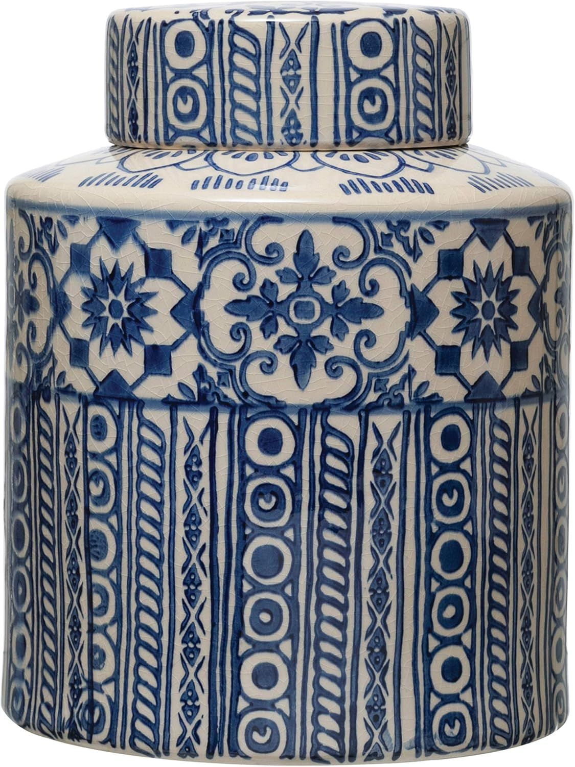 Elegant Blue & Cream Stoneware Ginger Jar, 8"W x 10.25"H