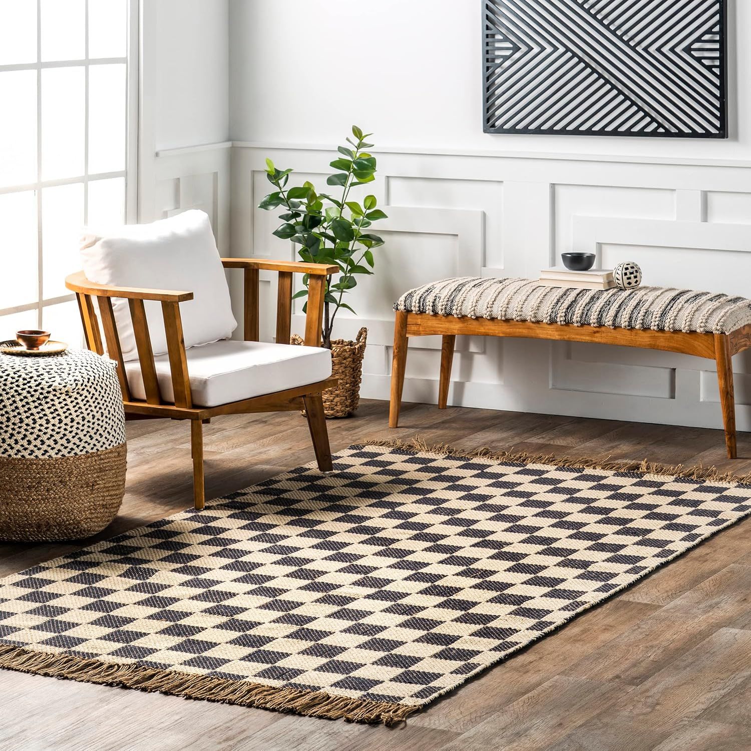 Gray Geometric Wool and Jute Checkered 3x5 Area Rug