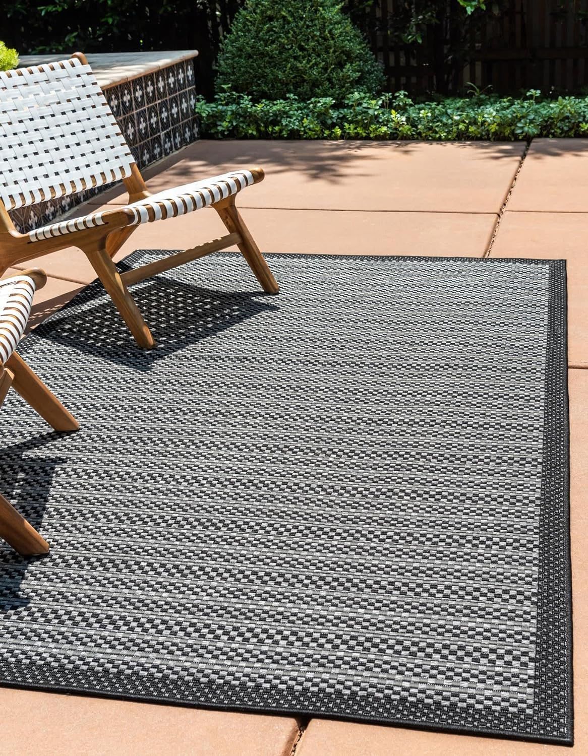 Gray and Black Striped Synthetic Outdoor Area Rug