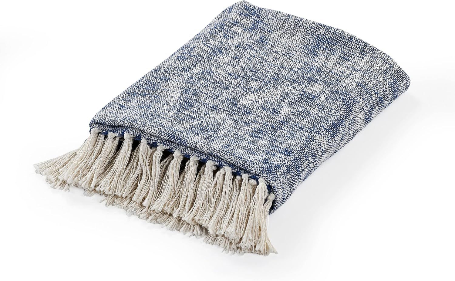 Navy Blue and Off-White Cotton Chambray Throw Blanket with Fringe