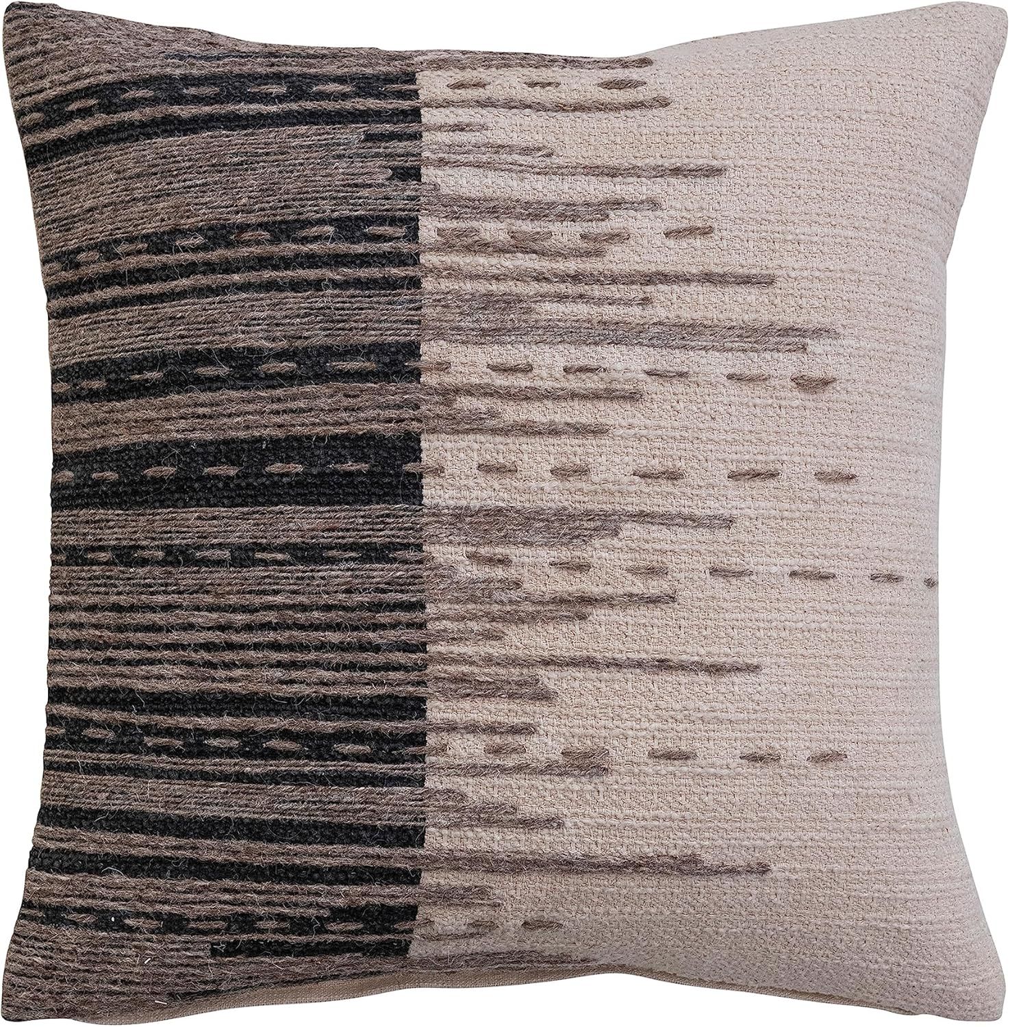 18-Inch Beige and Black Cotton Jacquard Pillow with Jute Embroidery