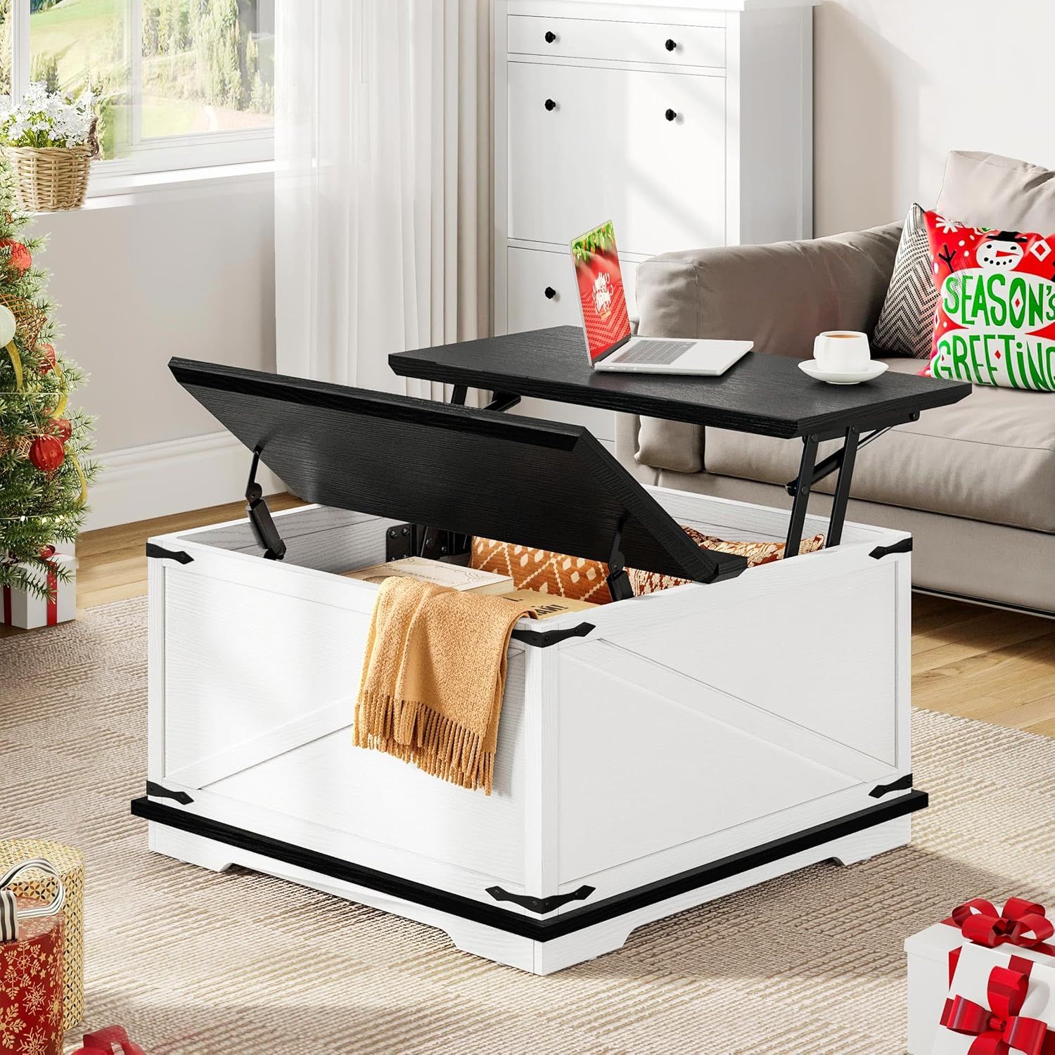 White Square Lift-Top Coffee Table with Hidden Storage