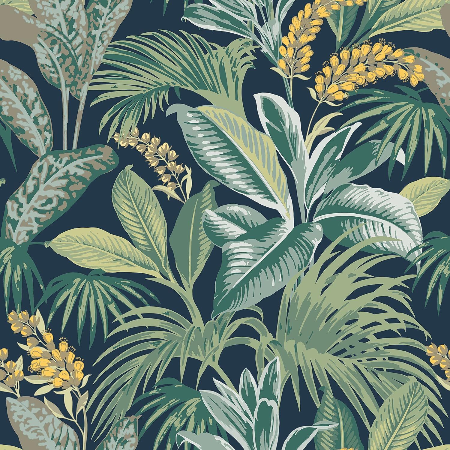 Navy Nights Tropical Banana Leaves Peel and Stick Wallpaper Roll