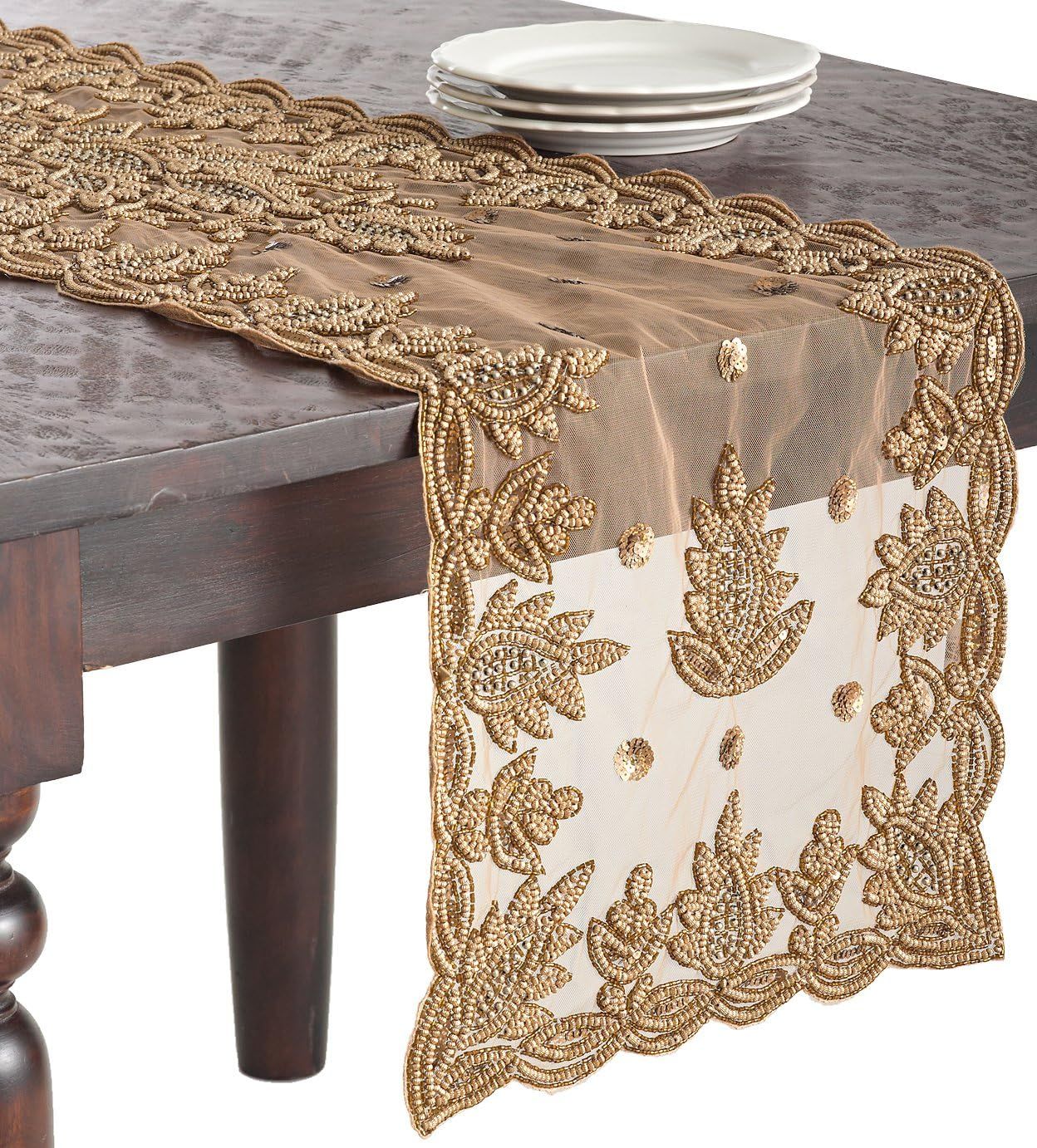 Gold Hand Beaded Semi Sheer Table Runner 16" x 72"