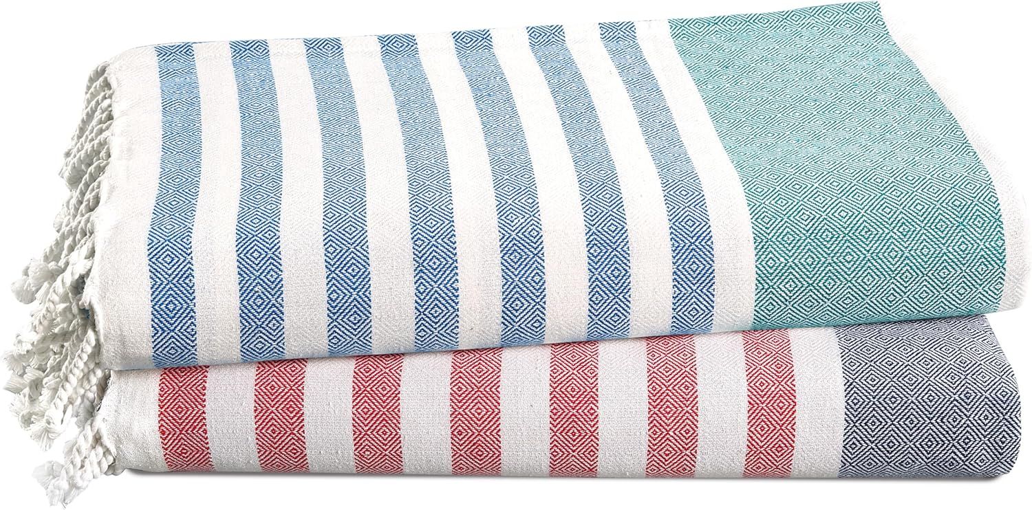 Oversized Teal and Red Striped Cotton Beach Towels, 2 Pack