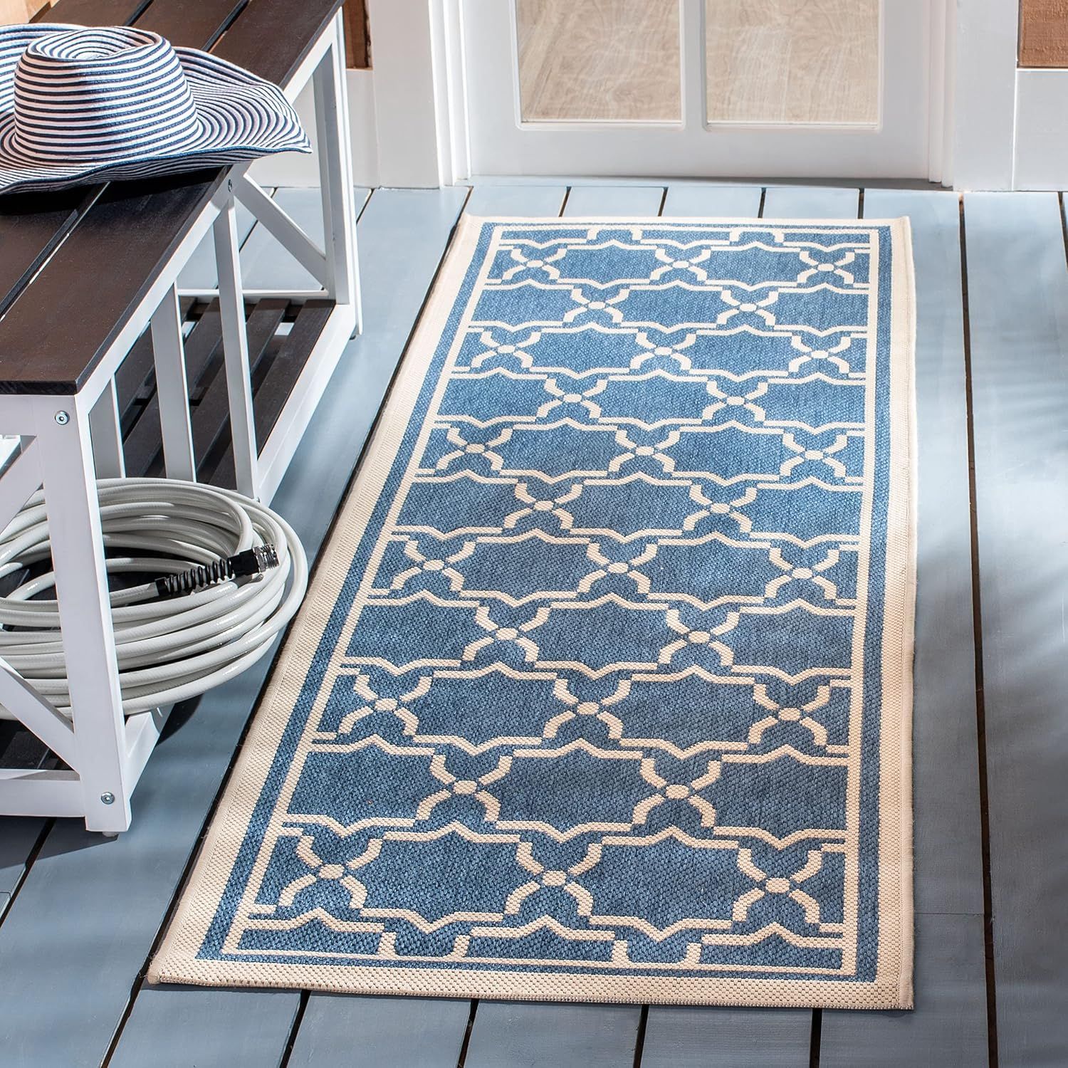 Blue and Beige Geometric 27''x14'' Synthetic Indoor/Outdoor Runner Rug