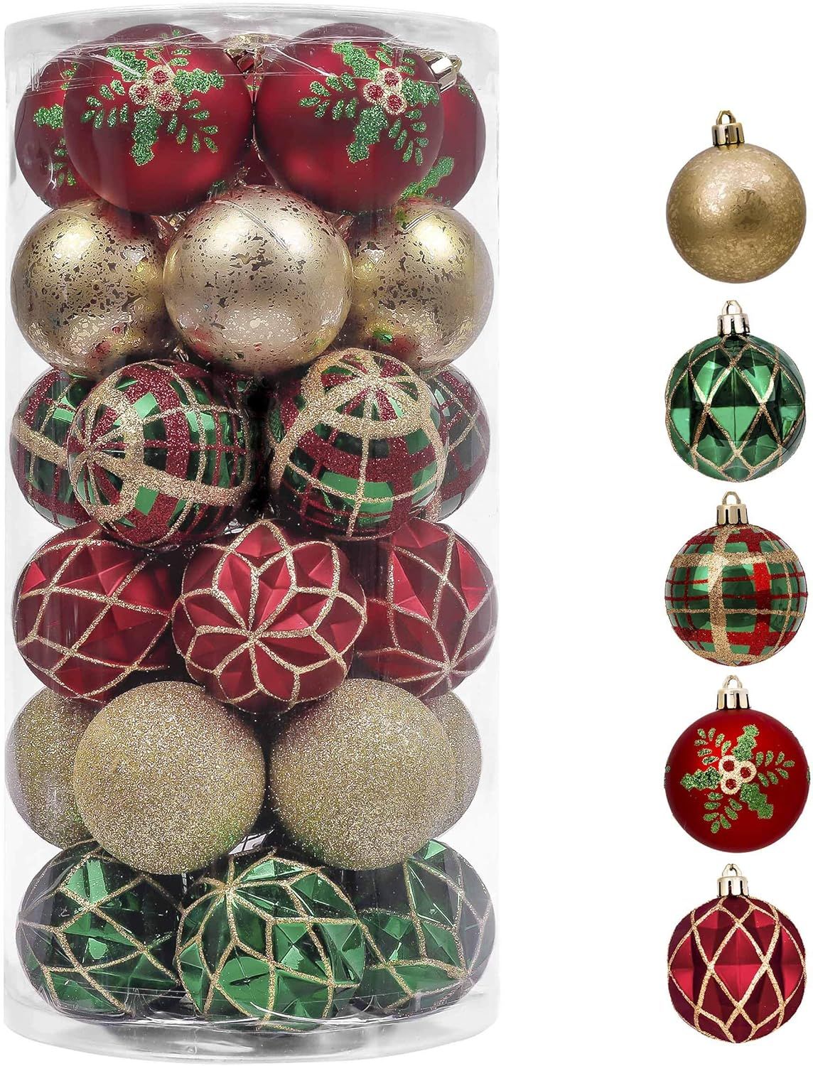 Traditional Red Green and Gold Shatterproof Christmas Ornaments Set