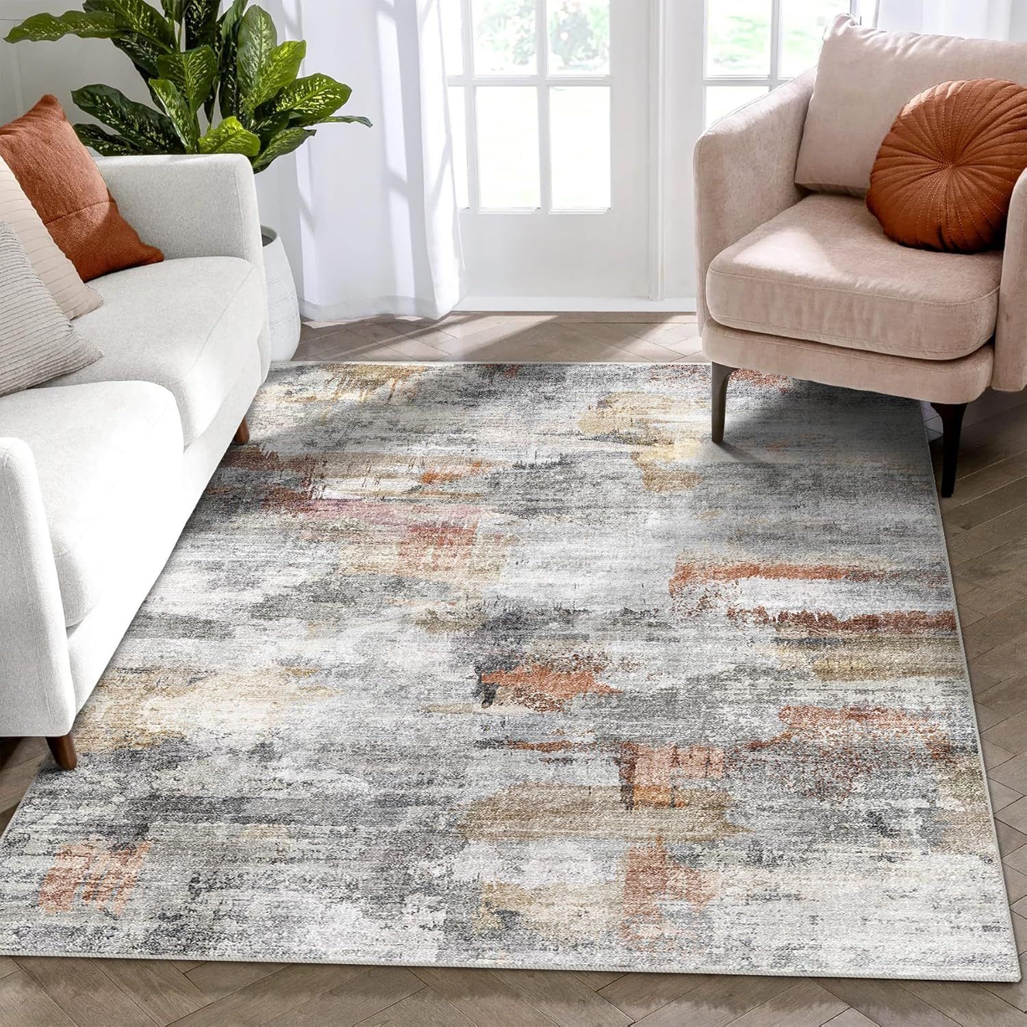 Gray and Rust Abstract Washable Synthetic Area Rug 4' x 6'