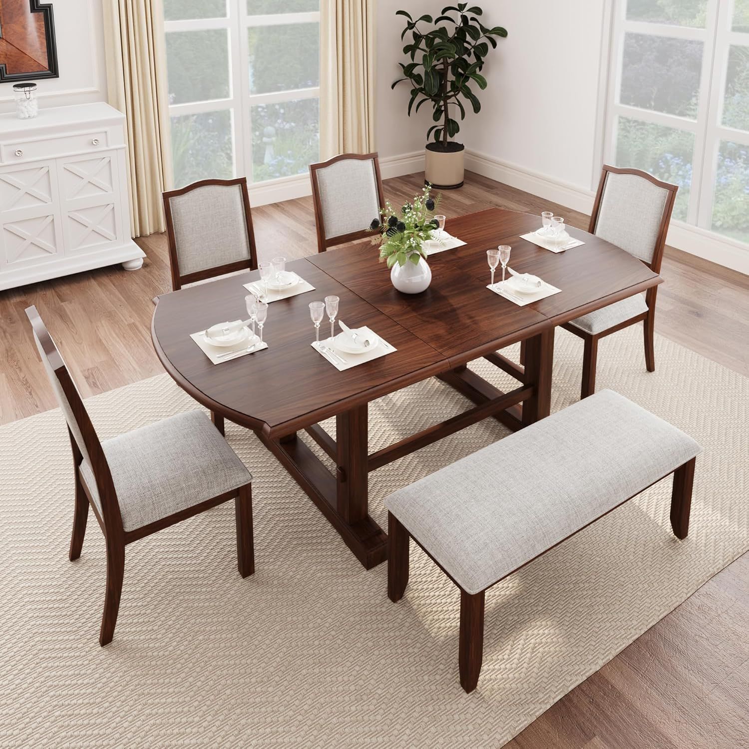 Cherry Wood Extendable Dining Table Set with Linen Upholstered Chairs and Bench