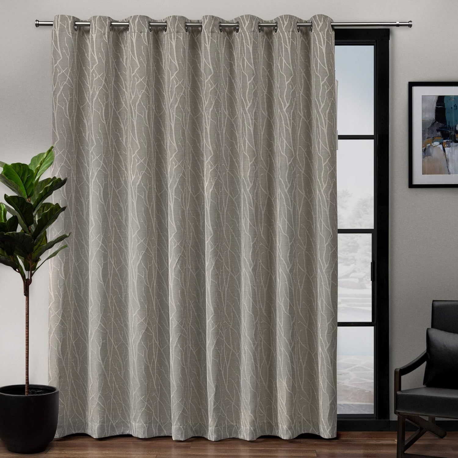 Natural Linen Look Blackout Curtain Panel with Branch Motif