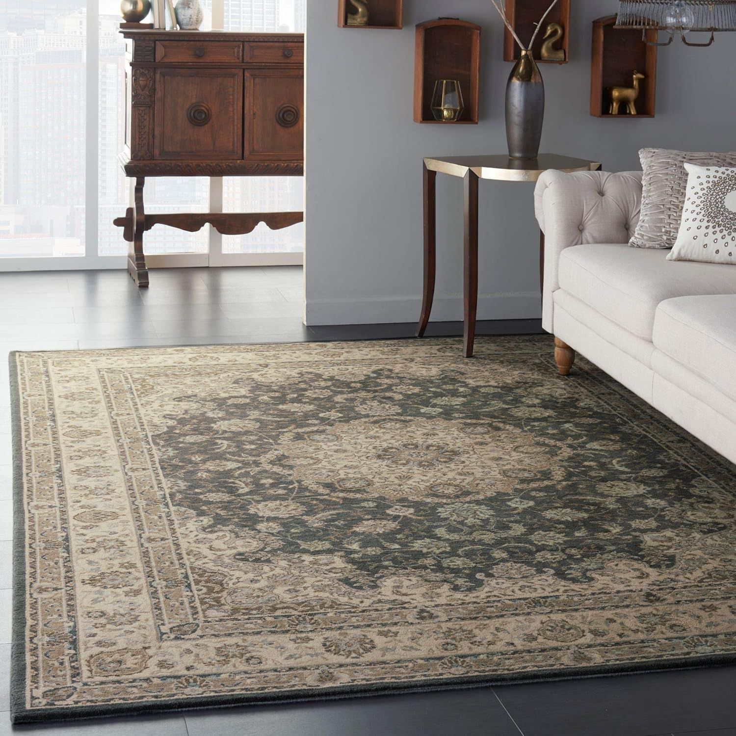 Elegant Grey/Ivory Loom-Woven Wool Blend 7'6" x 9'6" Area Rug